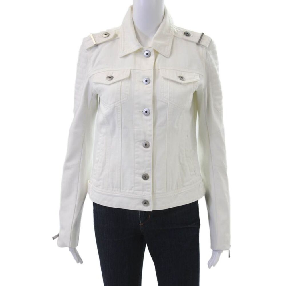BCBG Max Azria Womens Military Biker Jacket White Cotton-Faux Leather Size S